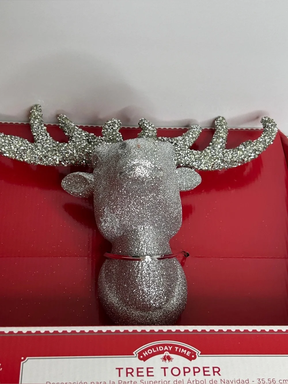 Silver Glitter Christmas Tree Topper Deer Reindeer Head 14 Inch Holiday Time NEW